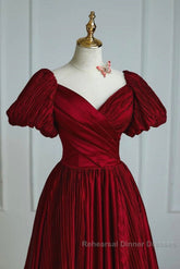 Wine Red Satin V-Neckline Short Sleeves Semi Formal Prom Dress, Wine Red Long Party Dress